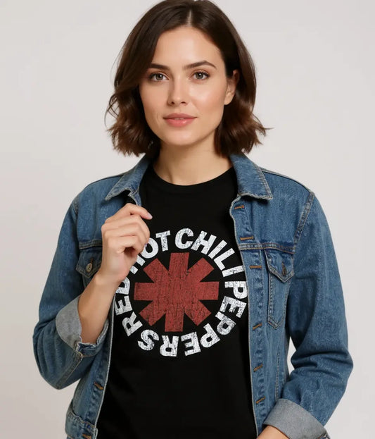 Red Hot Chili Peppers T-shirt by Little Guitars with distressed asterisk design, casual clothing for fans, displayed on a hanger.