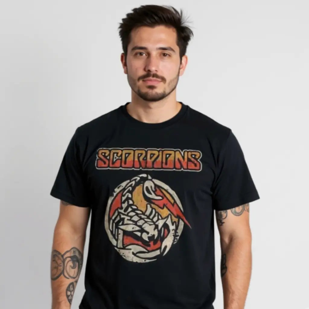 Black Scorpions T-Shirt by Little Guitars featuring a rock band graphic, casual clothing for rock music fans.