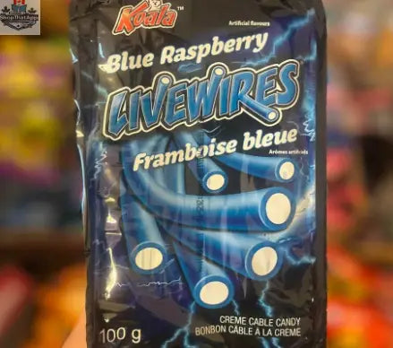 Blue raspberry creme candy from Snack Bar Co, colorful LiveWires cable-shaped sweet in a 100g package.
