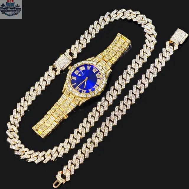 Elevate Your Style with Our Gold Cuban Link Chain Bracelet and Blue Face Watch - Shopthatapp.ca