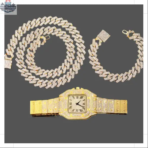 Elevate Your Style with Our Gold Cuban Link Jewelry Set - 14MM Bracelet, Chain & Watch - Shopthatapp.ca