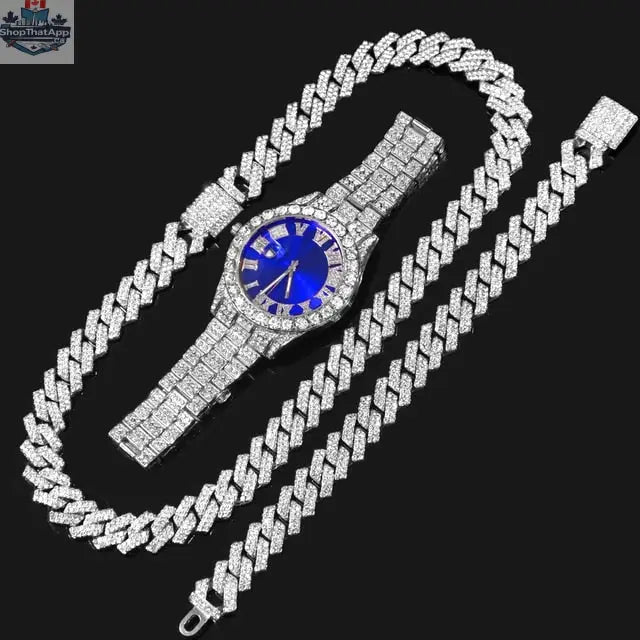 Elevate Your Style with Our 14mm Cuban Link Chain Bracelet and Blue Face Watch - Shopthatapp.ca