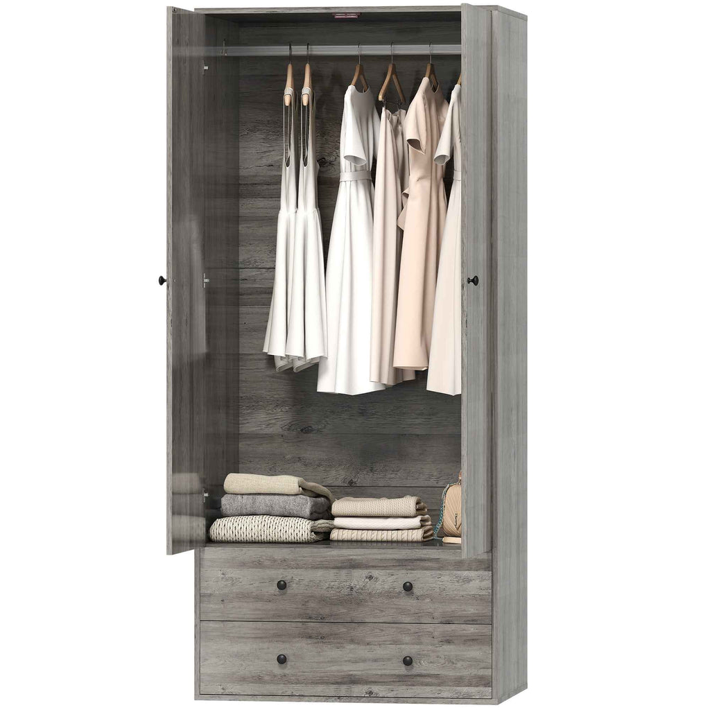 Briar Wardrobe Closet-Armoire with 2 Drawers and Hanging Rod-Grey