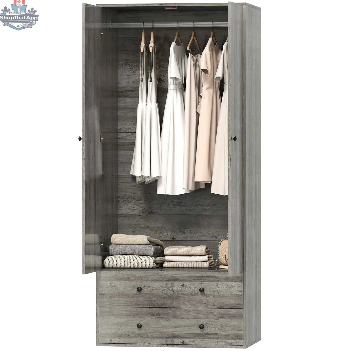 SLOTH Nation Briar wardrobe closet armoire in grey with two drawers and hanging rod, ideal bedroom furniture for storage.