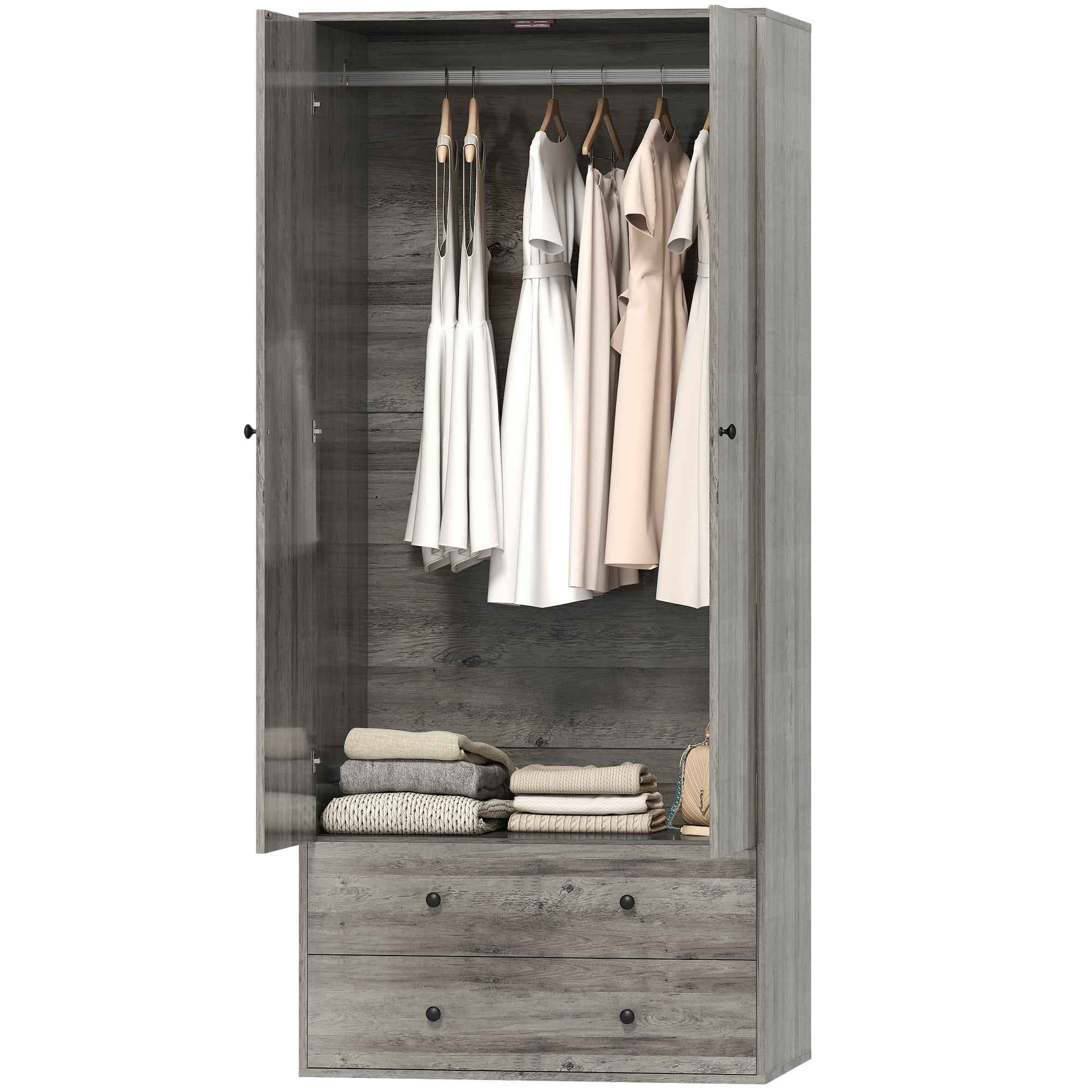 Briar Wardrobe Closet-Armoire with 2 Drawers and Hanging Rod-Grey