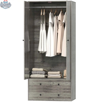 SLOTH Nation Briar wardrobe closet armoire in grey with two drawers and hanging rod, ideal bedroom furniture for storage.