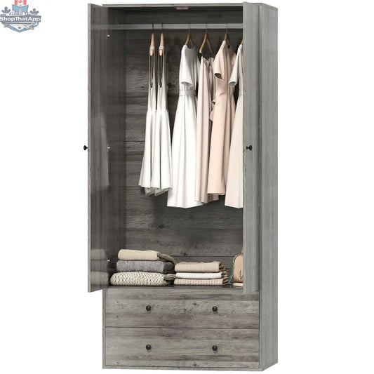 SLOTH Nation Briar wardrobe closet armoire in grey with two drawers and hanging rod, ideal bedroom furniture for storage.