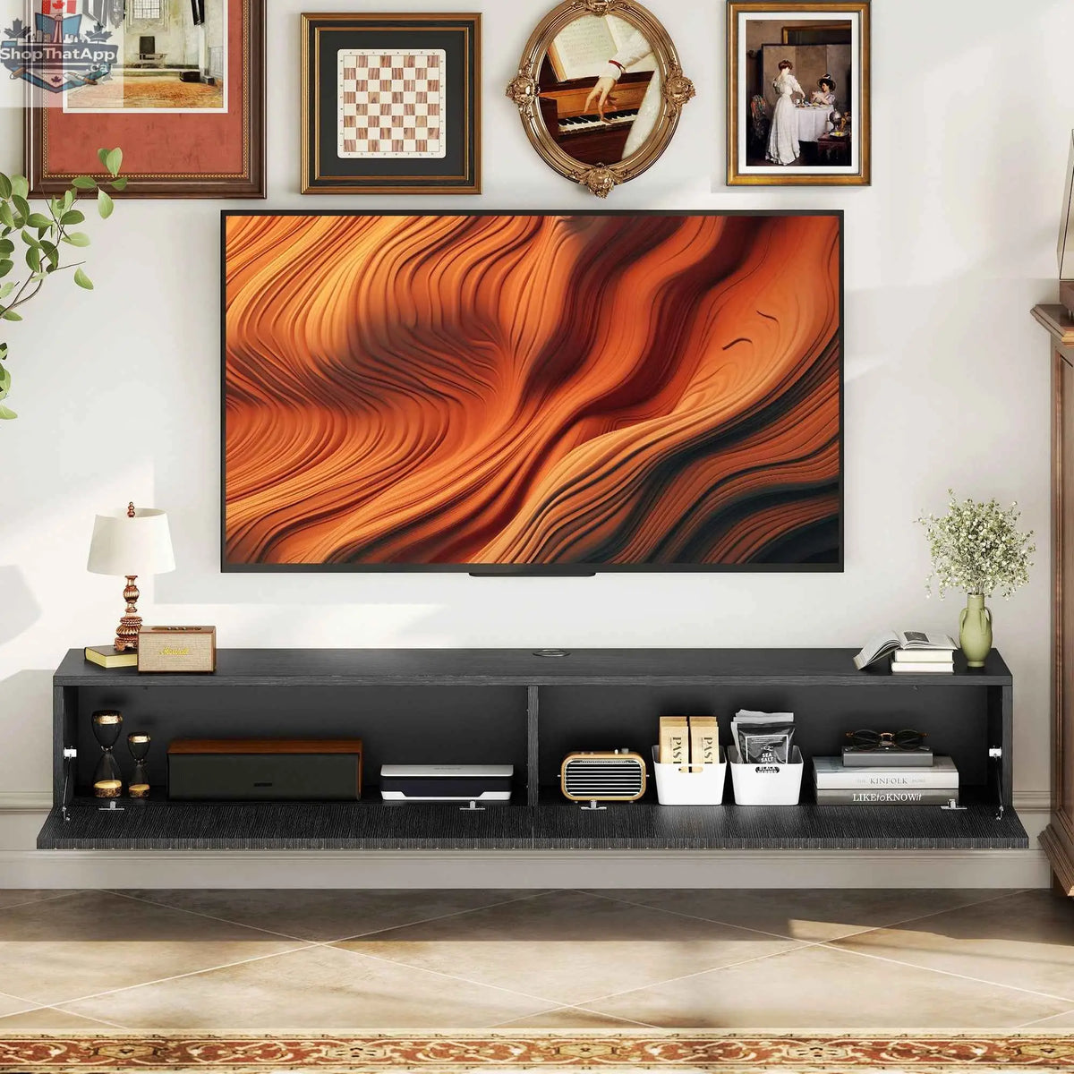 SLOTH Nation Jesse 55-inch black floating TV stand with flip-down doors, suitable for TVs up to 72 inches, in modern living room setting.