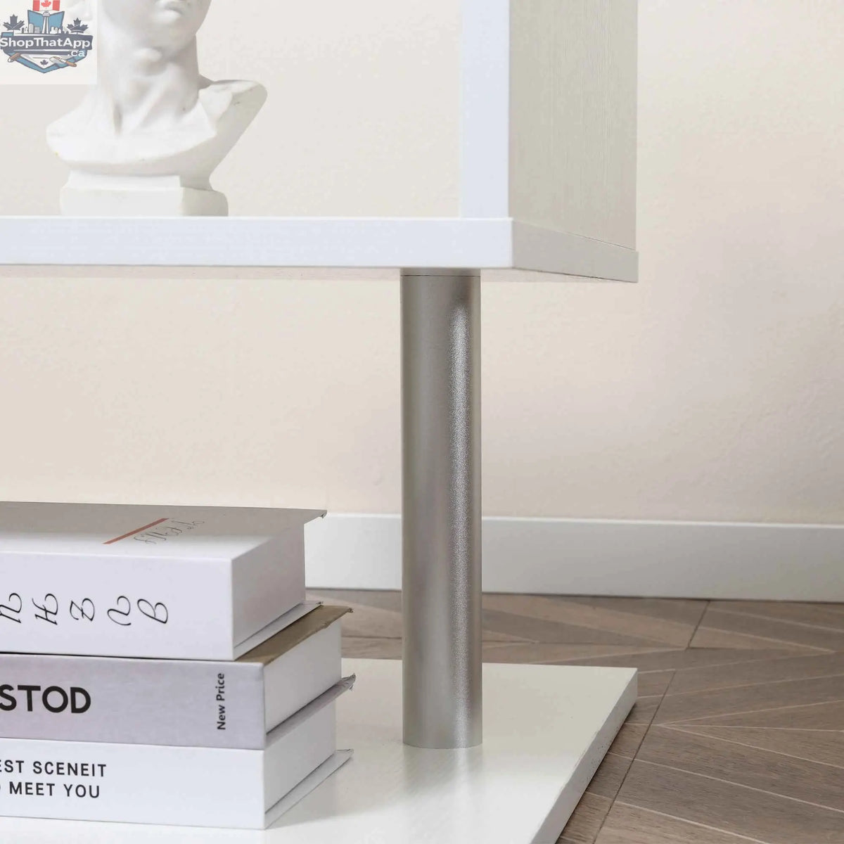Caelan wooden S-shaped end table with three-tier storage shelves in white, showcasing a modern furniture design by SLOTH Nation.
