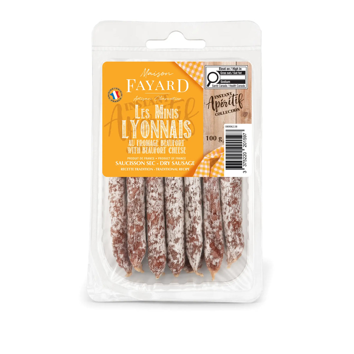 Mini Lyonnais Beaufort cheese and artisanal saucisson from Maison Fayard, traditional French non-refrigerated gourmet products.