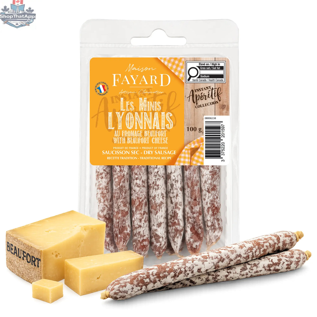 Mini Lyonnais Beaufort cheese and artisanal saucisson from Maison Fayard, traditional French non-refrigerated gourmet products.