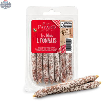 Mini Lyonnais Orignal sausages by Maison Fayard, non-refrigerated, 100g, featuring natural, dried sausage slices.