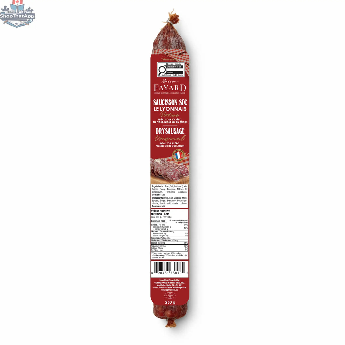 French dry sausage Saucisson Sec Naturel by Maison Fayard, showcasing a traditional cured French sausage on a wooden board.
