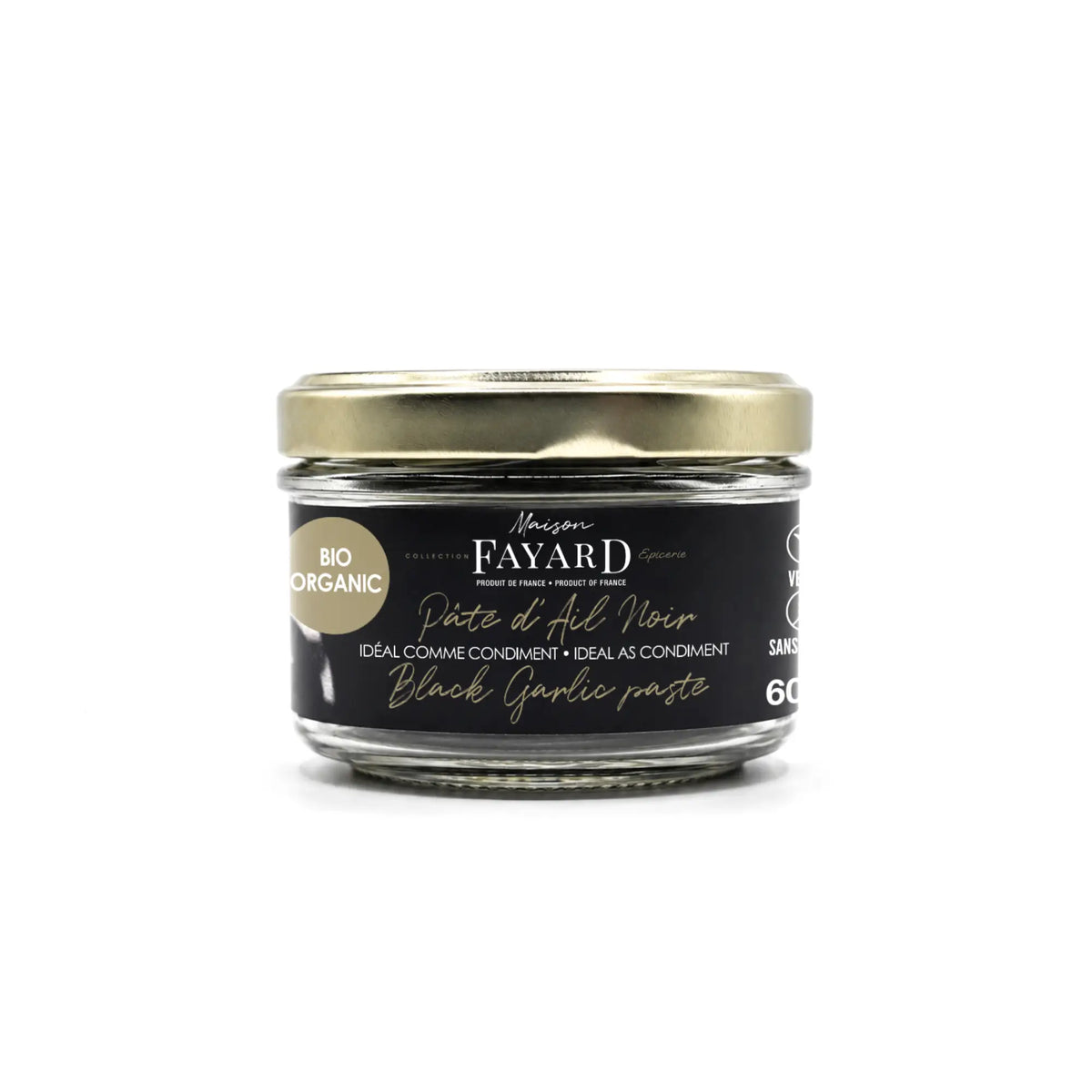 Organic black garlic paste from Maison Fayard, showcasing smooth, dark black garlic spread for gourmet cooking.