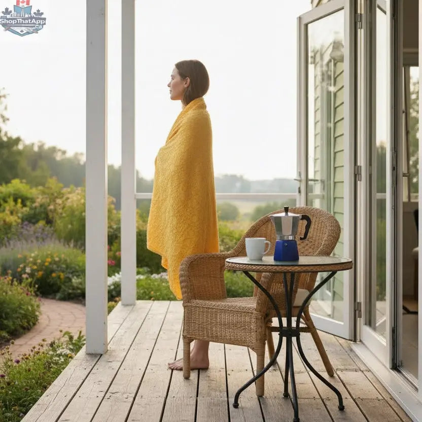 Mango-colored cotton throw blanket with waffle texture and tassel edges, wearable for cozy comfort from Hem and Tassel.