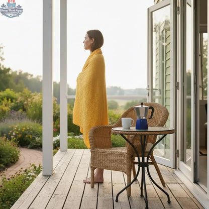 Mango-colored cotton throw blanket with waffle texture and tassel edges, wearable for cozy comfort from Hem and Tassel.