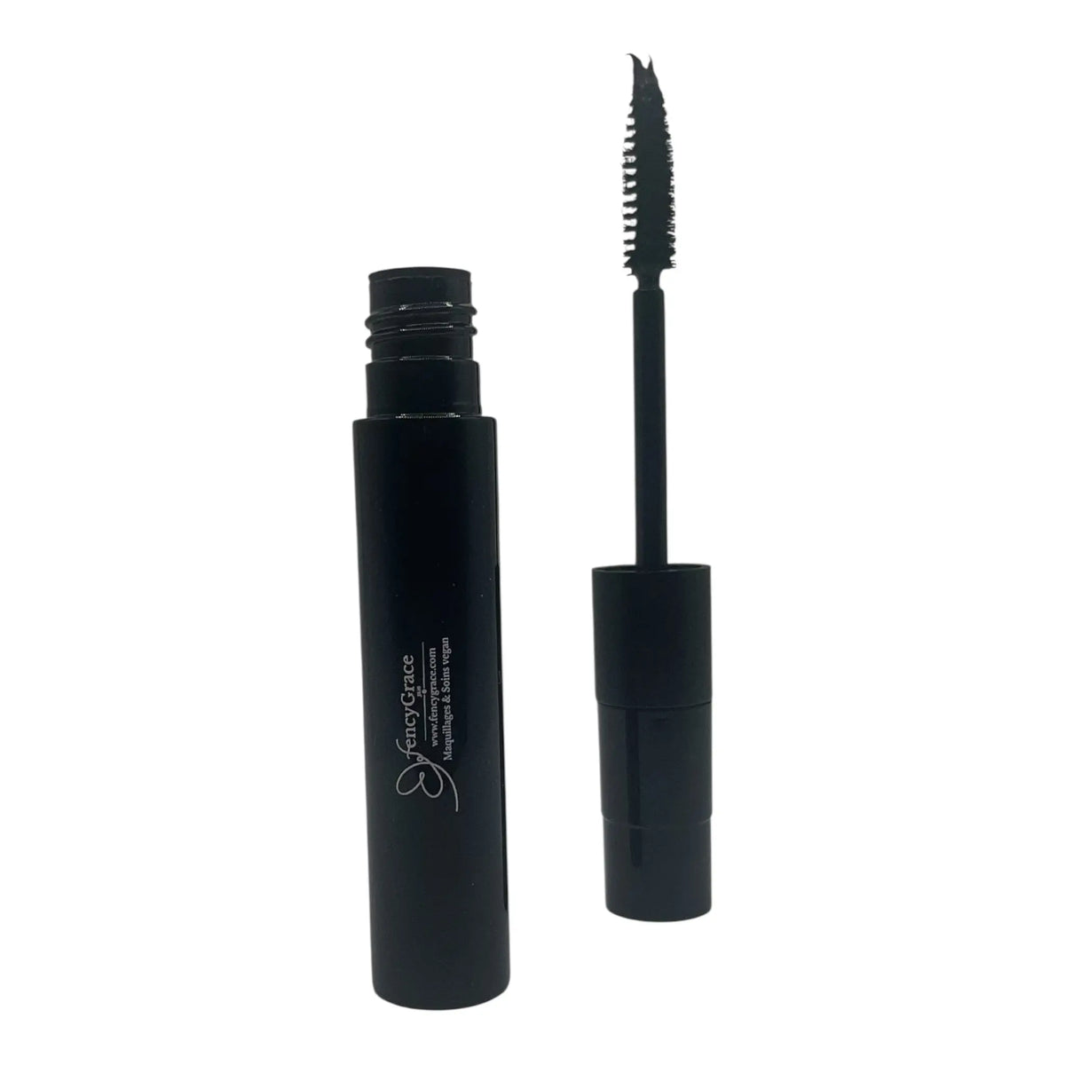 Fencygrace vegan volumizing mascara wand showing thick, defined lashes for a dramatic eye look.