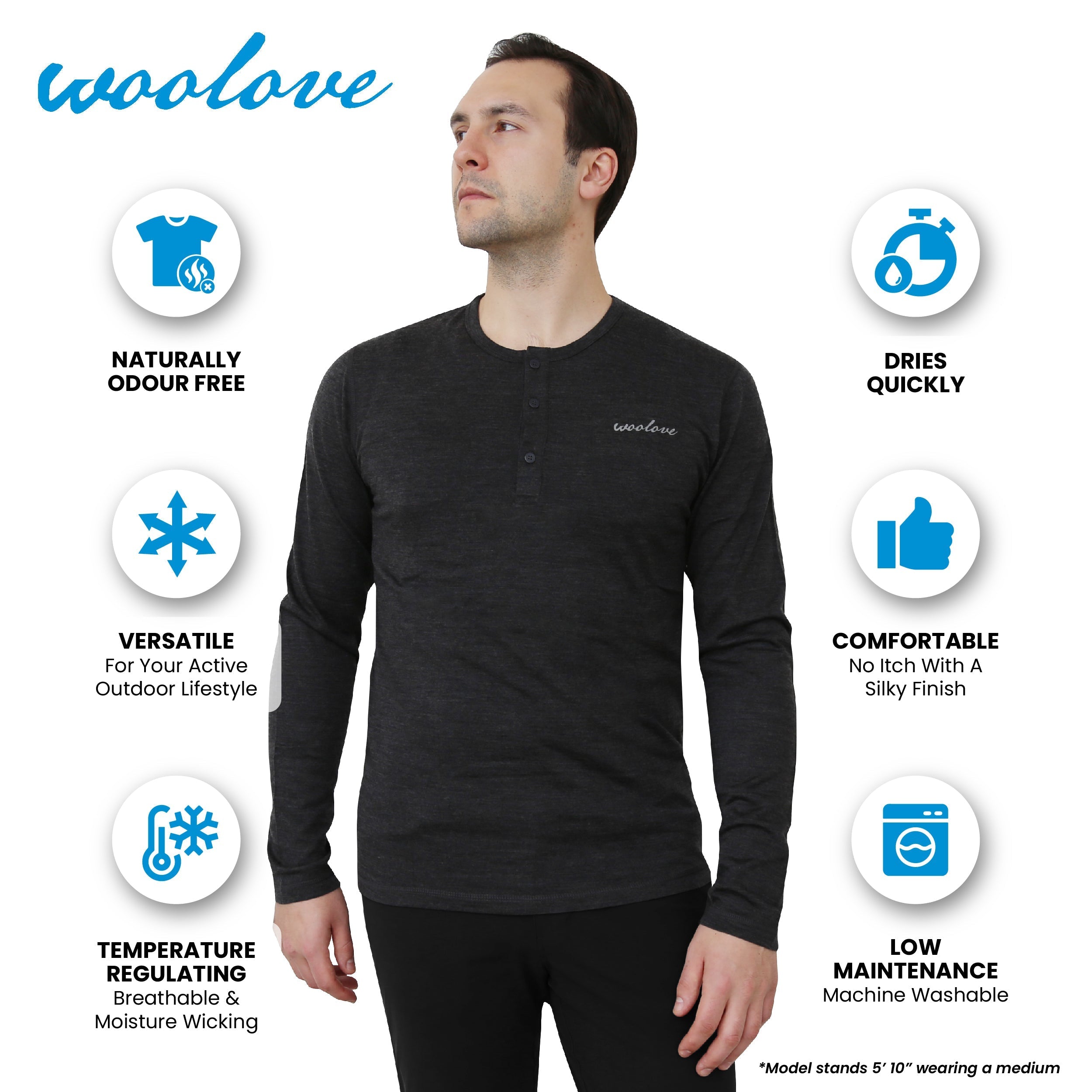 Men's Merino Wool Long Sleeve Henley — Midweight