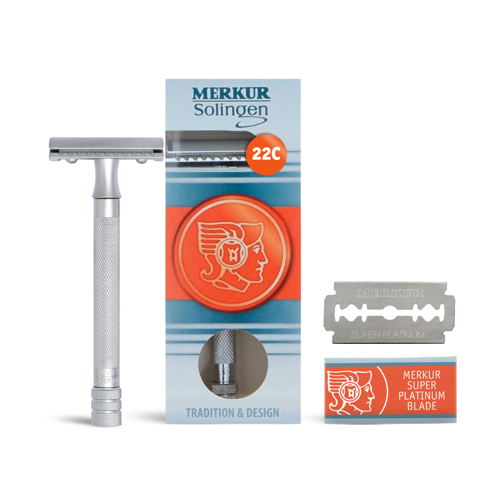 Merkur Safety Razor - 3-Piece DE with Closed Comb, Knurled Extra Long Handle in Matte Chrome