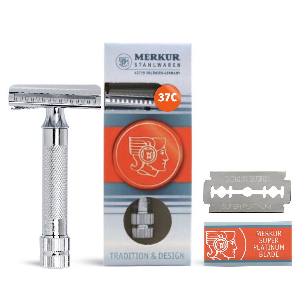 Merkur 37C Slantbar Safety Razor with Knurled Extra Thick Handle, Chrome Finish