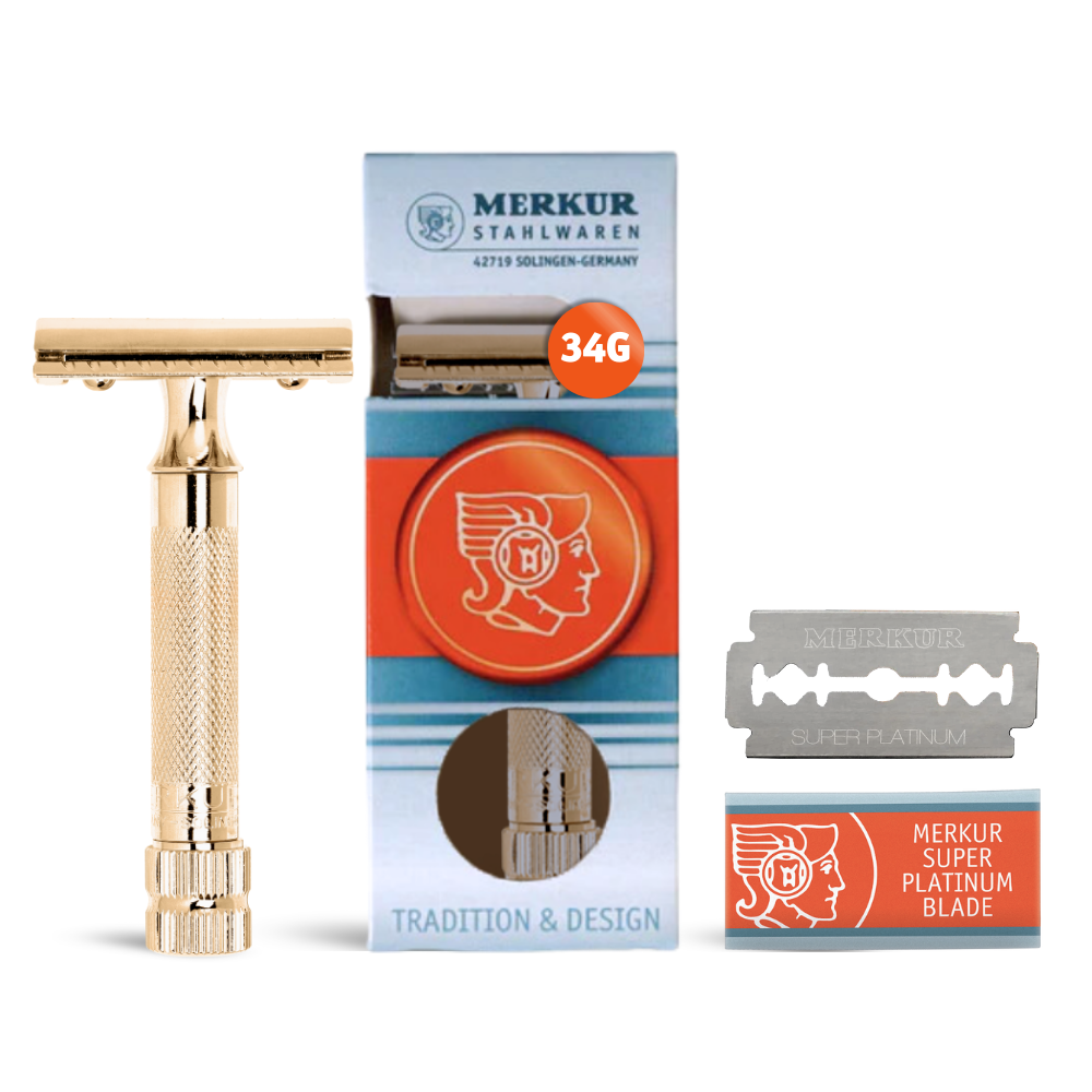 Merkur 34G Safety Razor - 2-Piece DE Closed Comb with Knurled Extra Thick Handle in Gold