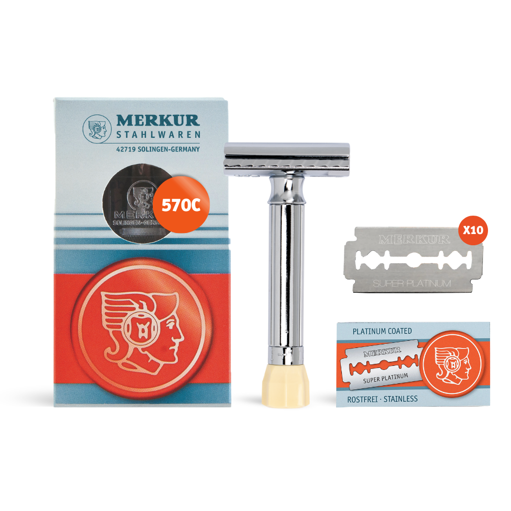 Merkur Adjustable Shaving Set - 3-Piece Kit with Progress Razor, Hard Case, and 10 Blades in Chrome