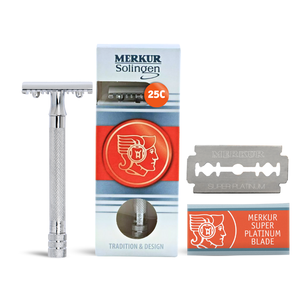 Merkur 25C Safety Razor - 3-Piece DE Open Tooth Comb with Knurled Extra Long Handle in Chrome