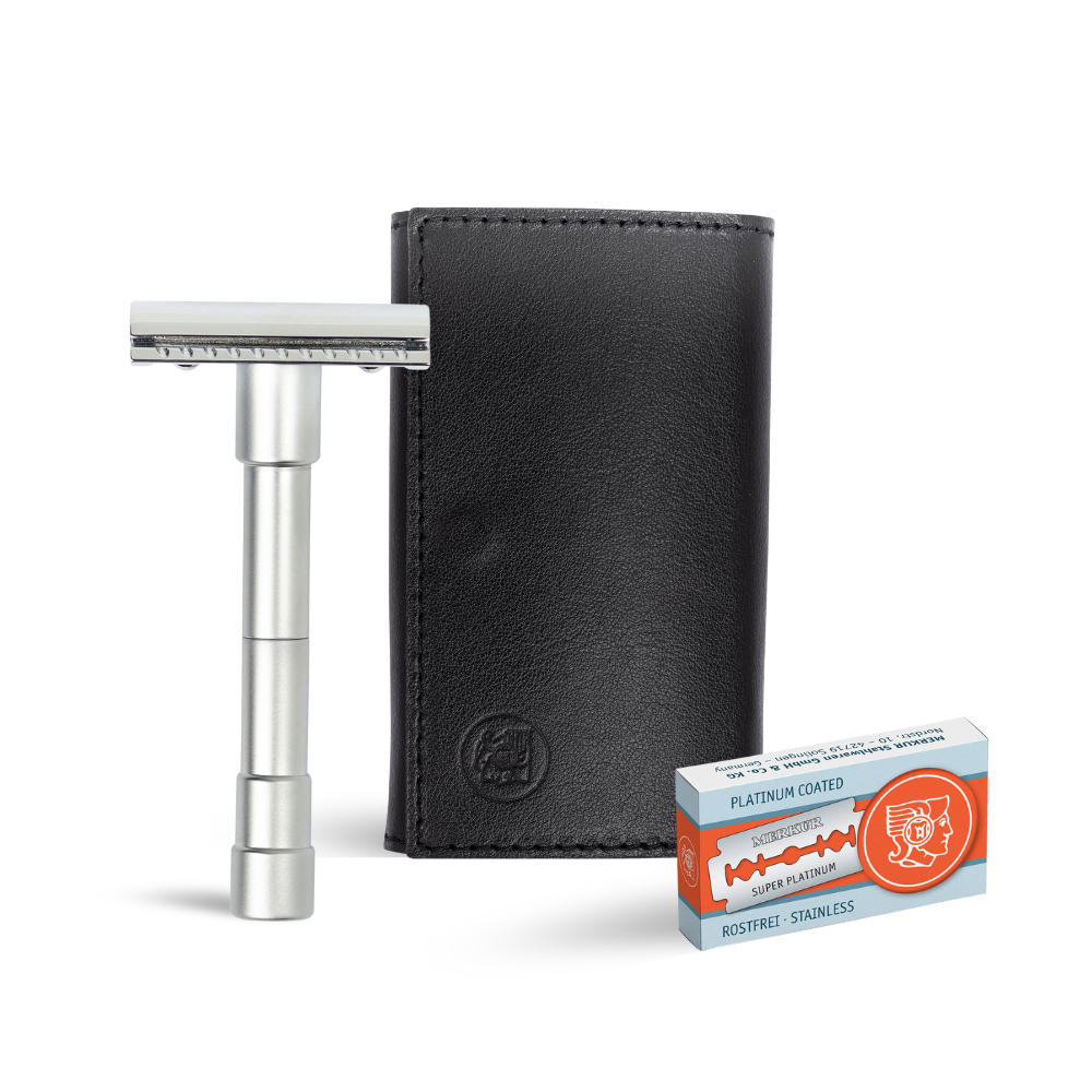 Merkur Travel Safety Razor 3-Piece Set with Blades in Black Leather Case