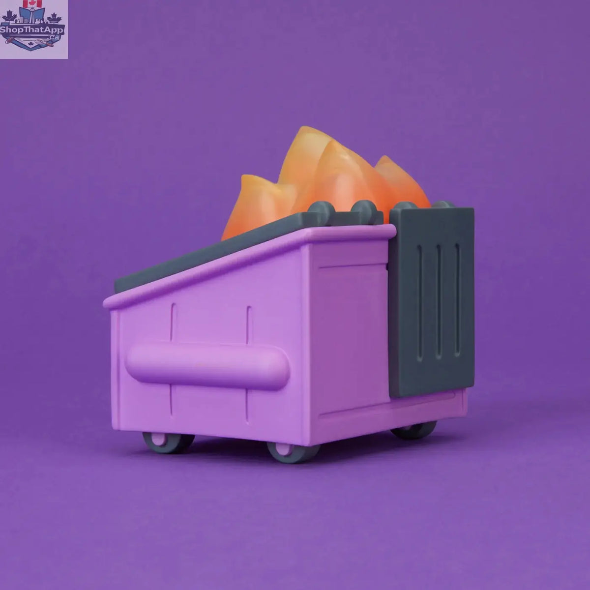 Colorful Dumpster Fire vinyl figure of Cough Syrup Purple collectible toy by Mindzai Toy Shop, featuring vibrant purple and fiery design.