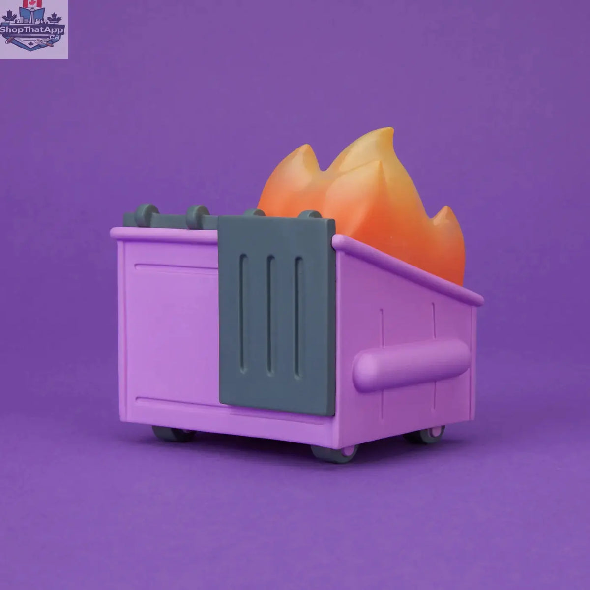 Dumpster Fire vinyl figure by Mindzai Toy Shop, Cough Syrup Purple collectible toy with fiery design and detailed features.
