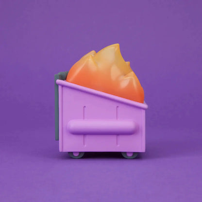 Dumpster Fire vinyl figure in Cough Syrup Purple color, collectible toy from Mindzai Toy Shop, showing detailed design and vibrant hues.