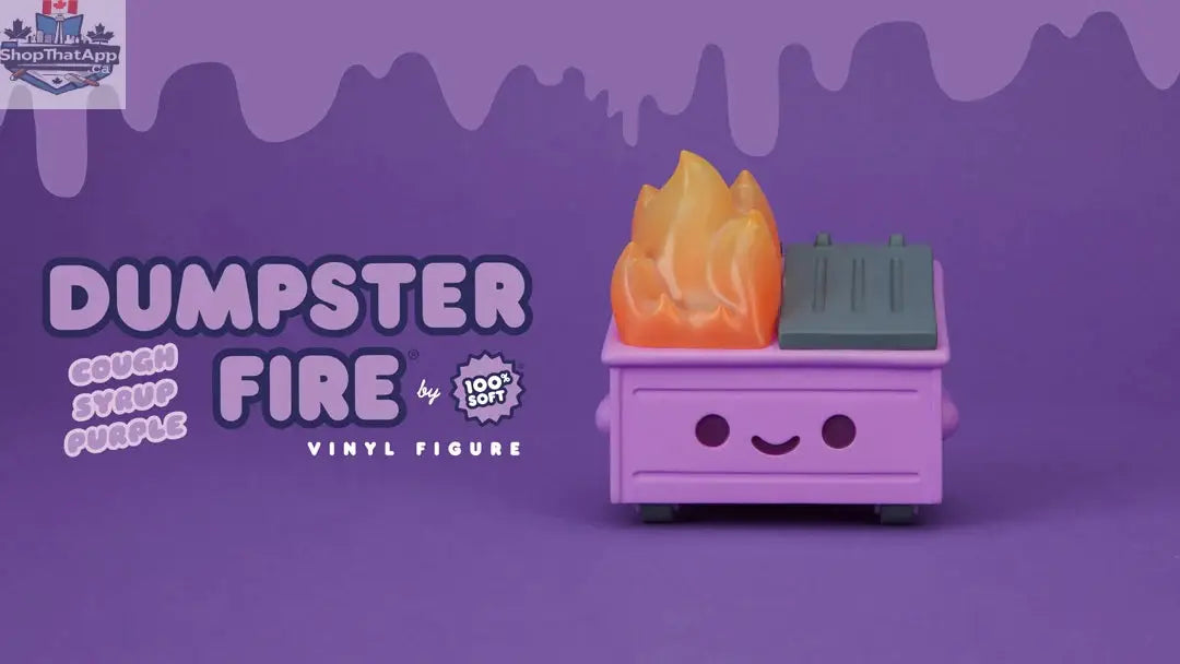 Dumpster Fire vinyl figure in Cough Syrup Purple, collectible toy with a fiery dumpster design by Mindzai Toy Shop.