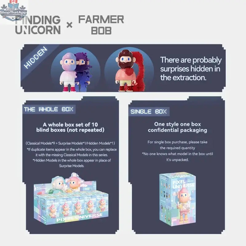 Farmer Bob Next Generation Pixel Universe blind box toy from the Finding Unicorn series, featuring colorful pixel art style.