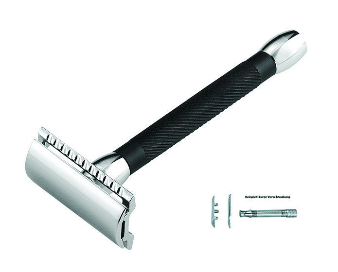 Merkur Travel Safety Razor Set - 20B 3-Piece DE Safety Razor with Closed Comb, Long Handle, in Bright Chrome/Black