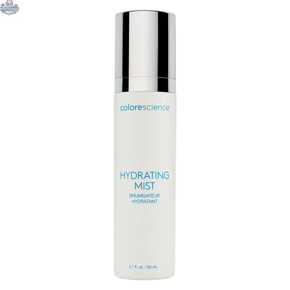 Colorescience Hydrating Setting Mist in a clear spray bottle, designed to refresh and hydrate skin for a smooth, natural finish.