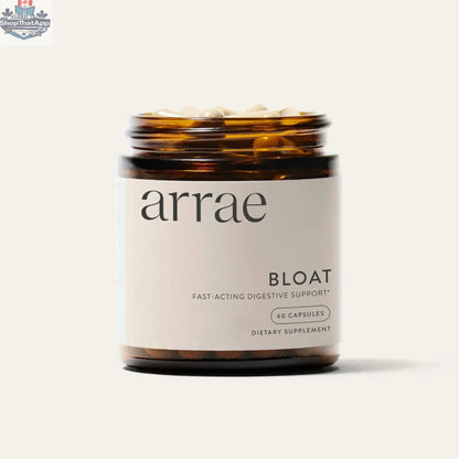 Arrae Bloat Relief supplement by Monarch MD Medical Aesthetics, featuring the product bottle with label and capsules on a clean surface.