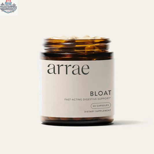 Arrae Bloat Relief supplement by Monarch MD Medical Aesthetics, featuring the product bottle with label and capsules on a clean surface.