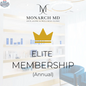 Monarch MD Medical Aesthetics Elite Membership Annual with two months free, showing membership card and promotional details.