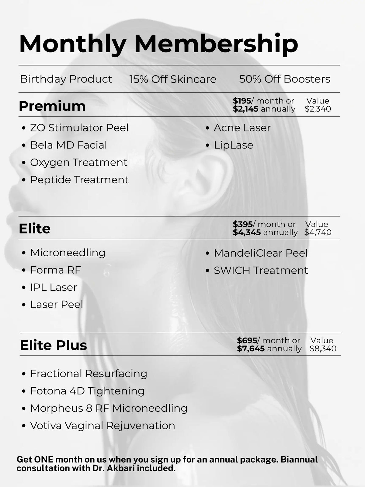 Monarch MD Medical Aesthetics Elite Plus Annual Membership card showing two free months offer.