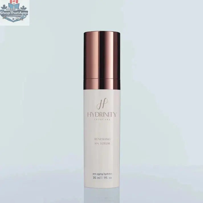 Hydrinity HA Serum by Monarch MD Medical Aesthetics in a clear glass bottle with a pump dispenser, set against a white background