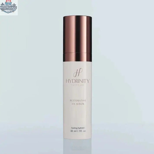 Hydrinity Restorative HA Serum by Monarch MD Medical Aesthetics in a clear dropper bottle with serum inside.