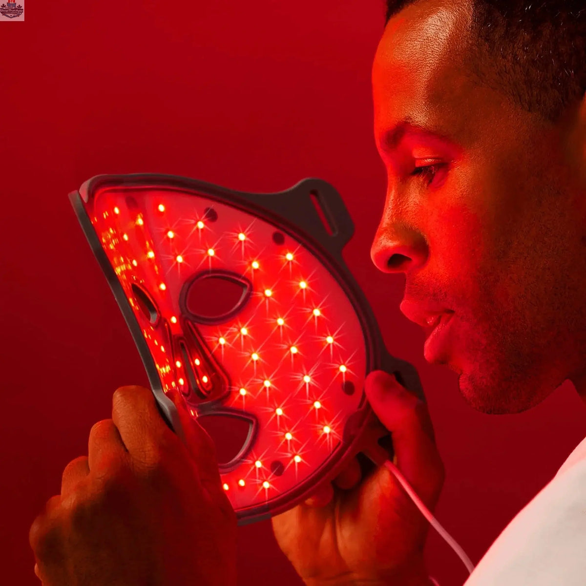 Omnilux Contour Face therapy device for men with red and infrared light treatment, used for skin rejuvenation and facial therapy.
