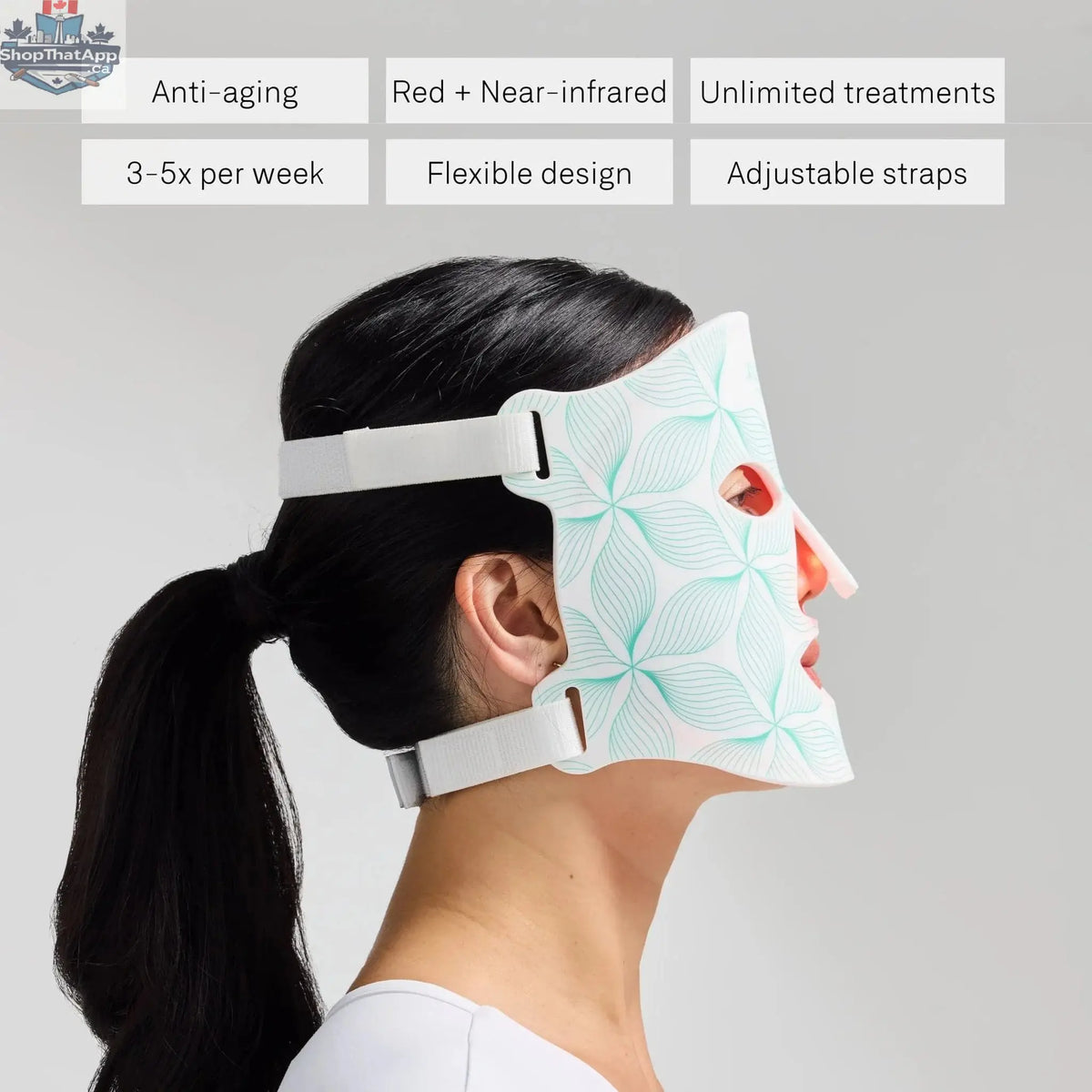 Omnilux Contour Face therapy device with red and infrared light for skin rejuvenation, used for glowing skin treatment.