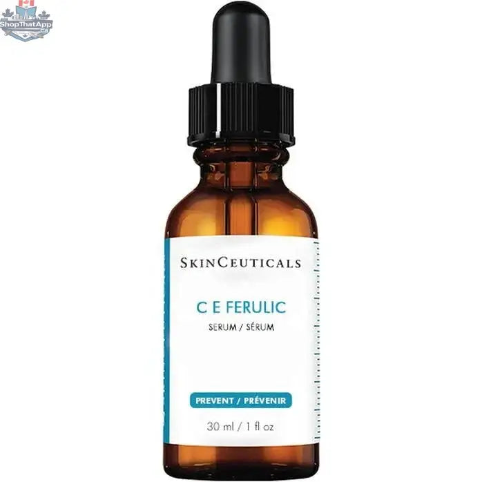 SkinCeuticals CE Ferulic serum bottle for anti-aging and skin brightening, with dropper cap and clear label visible.
