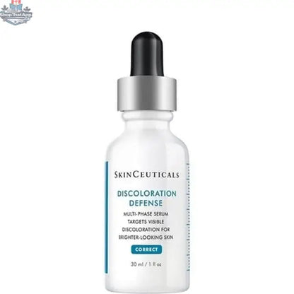 SkinCeuticals Discoloration Defense Serum bottle with dropper, designed for even skin tone and brighter complexion.