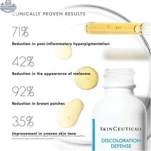 SkinCeuticals Discoloration Defense serum bottle for evening skin tone and brightened complexion, displayed on a white background.