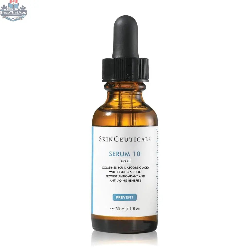 SkinCeuticals Serum 10 AOX+ bottle with dropper, antioxidant skincare product in clear glass packaging.