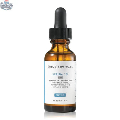 SkinCeuticals Serum 10 AOX+ bottle with dropper, antioxidant skincare product in clear glass packaging.
