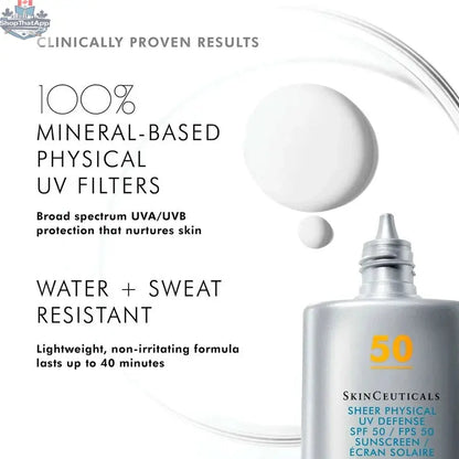 SkinCeuticals Sheer Physical Fusion SPF 50 sun protection sunscreen in a sleek tube with a white and blue design.