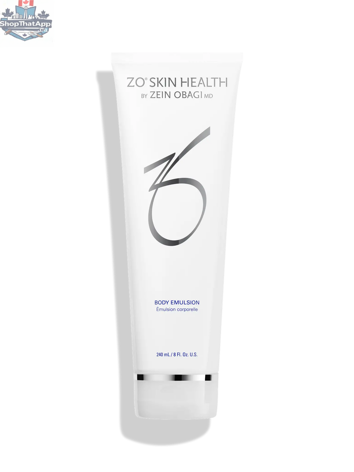 Monarch MD ZO Body Emulsion bottle, 240mL, with sleek packaging and pump dispenser, for skincare and body nourishment.